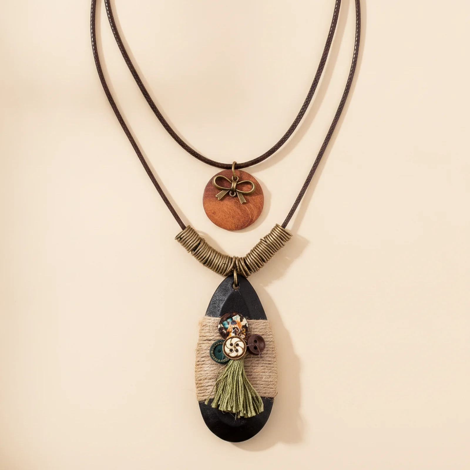 [CO000069] Colier Dublu Gothic Style, din Lemn cu Șnur de Piele