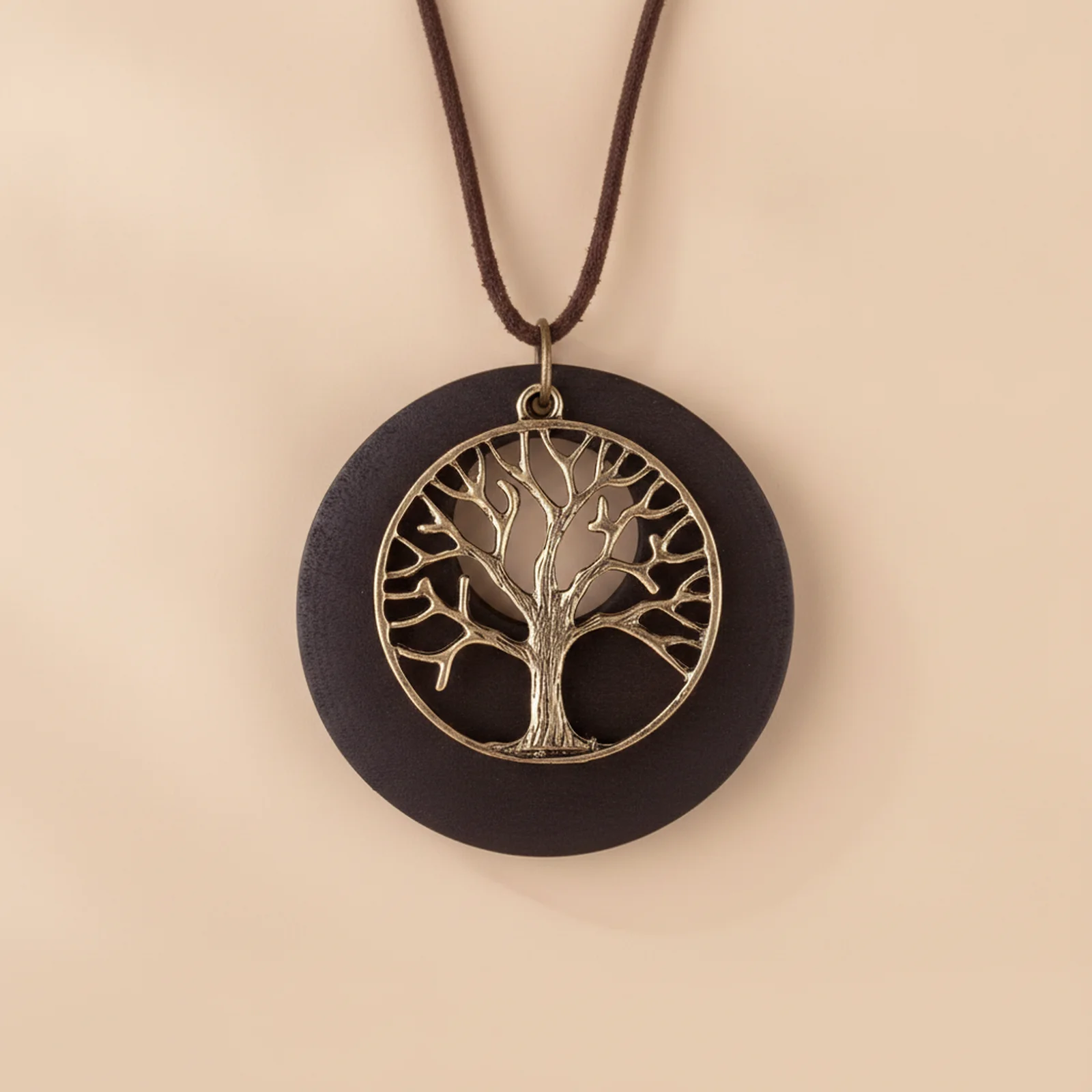 [CO000035] Colier Moon Tree, Lemn cu Insert Metalic și Șnur din Piele