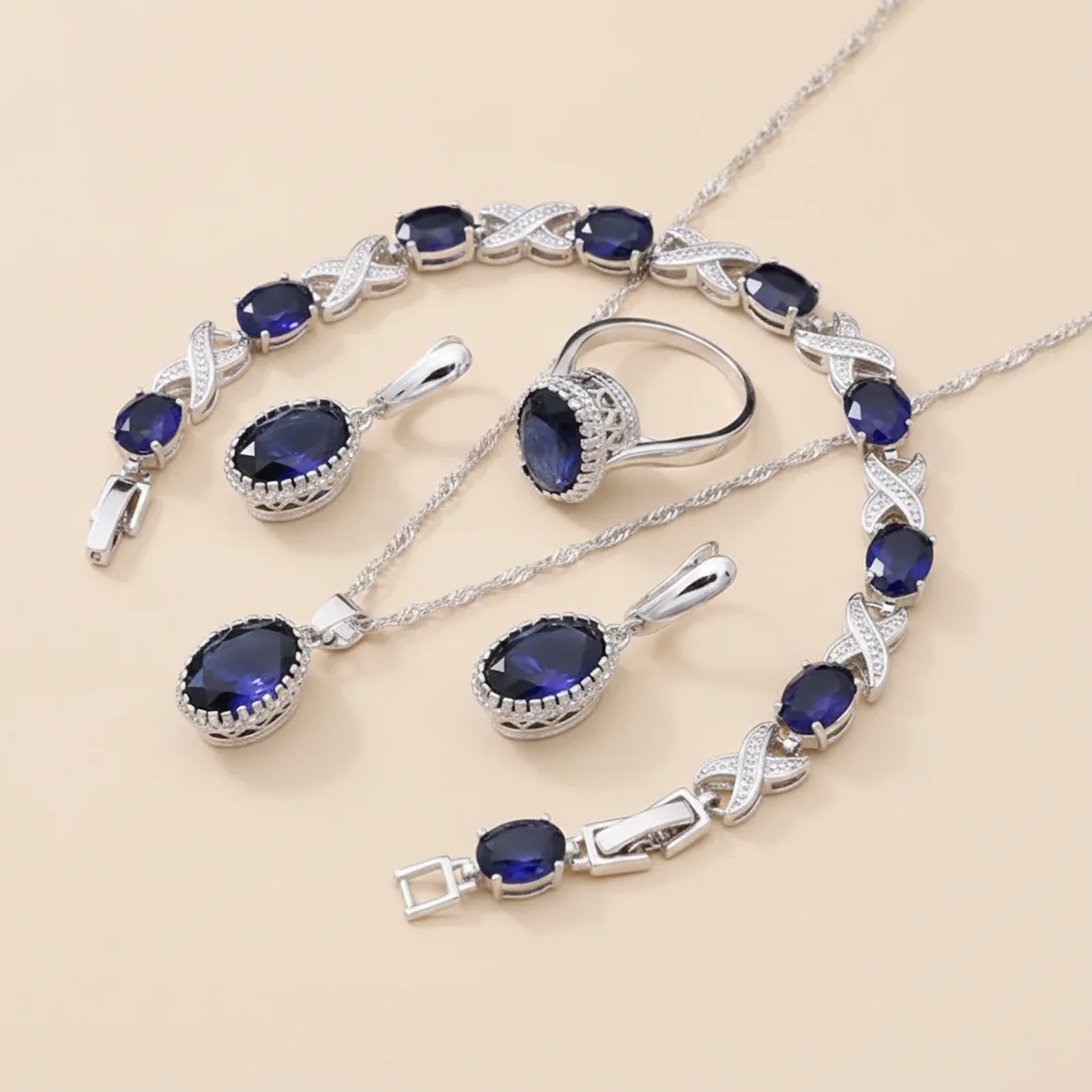 [ST000034] Set Complet Natural Dark Blue, cu Pandantiv, Brățară, Cercei și Inel (5)