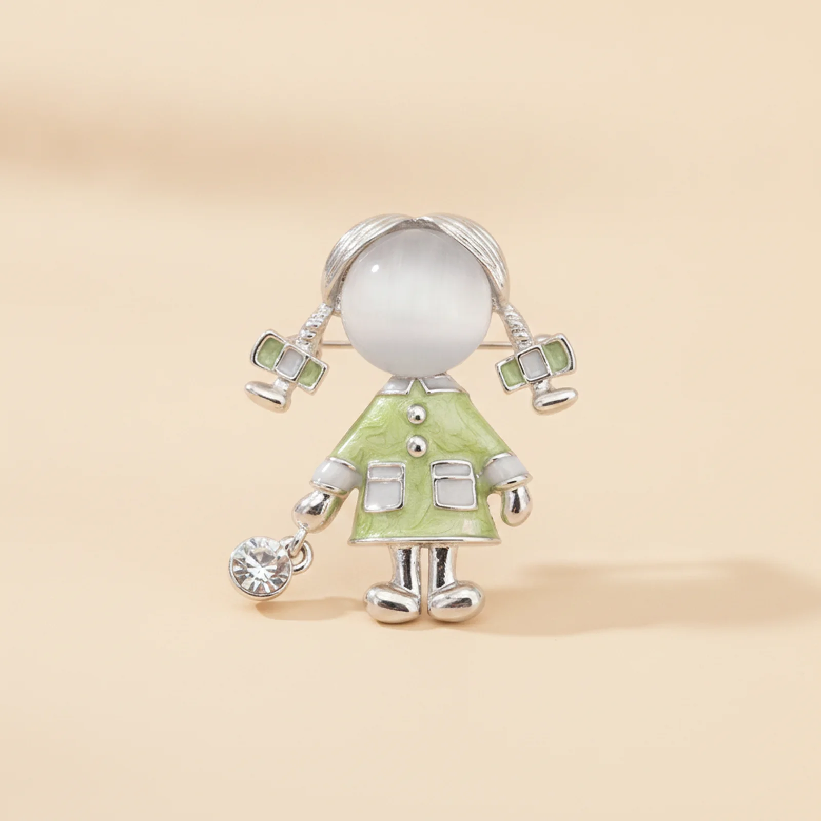 [PN000000] Broșă Retro Cute Green Girl, Placată cu Argint